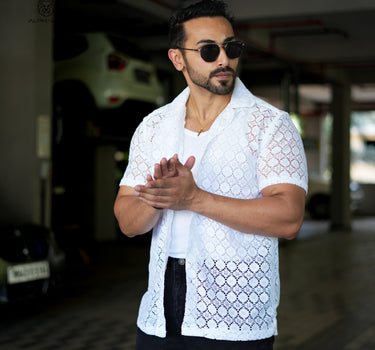 Bohemian Edition Crochet Cuban Collar Shirt white