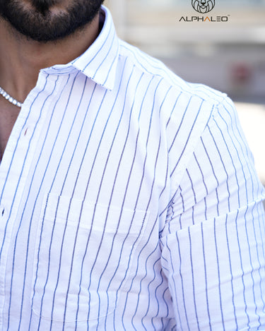 Oxford White and Black Striped Full Sleeve Single Cuff Tailored Fit Classic Formal Cotton Shirt