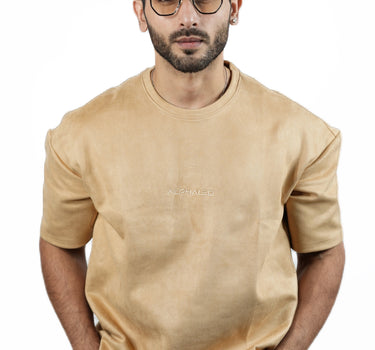 Suede Embroidered Oversized T-Shirt in Sand Colour