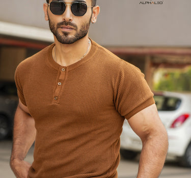 Apollo Knitted Textured Henley brown