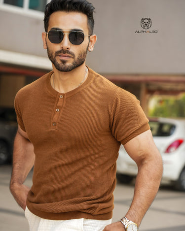 Apollo Knitted Textured Henley brown