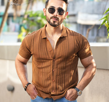 California Knitted Textured Mesh Shirt Tan