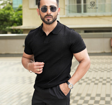 Marcelo Ribbed knitted Mesh Polo Black