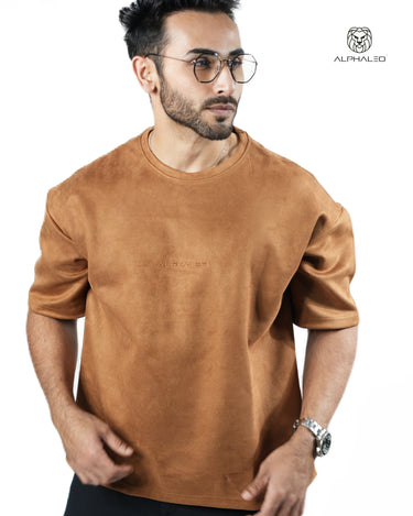 Suede Embroidered Oversized T-Shirt in Tan color