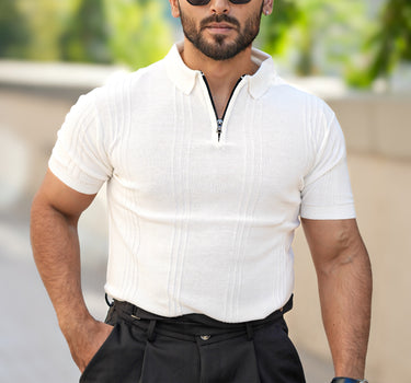 Spaniard Zipper Knitted Polo T-Shirt White