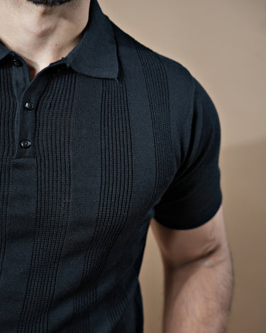 Enigma Textured knitted Polo T-Shirt in Midnight Black color