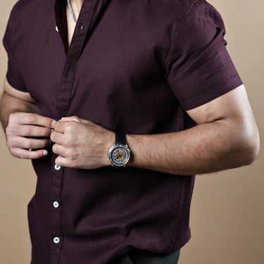 Half Sleeve Textured Stretch Shirt Wine