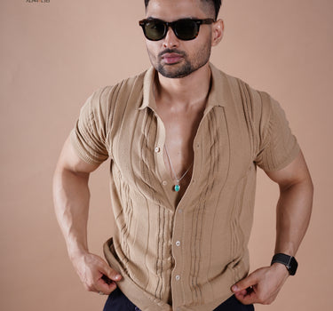 Monaco Textured Knitted Half sleeve Shirt Tan