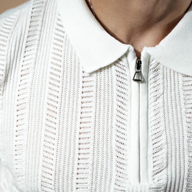 Venice Crochet Textured Zipper Polo White