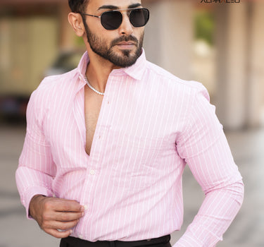 Oxford Baby Pink and White Striped Full Sleeve Single Cuff Tailored Fit Classic Formal Cotton Shirt