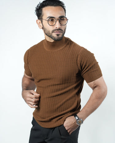 ZEN Knitted Turtle Neck Half Sleeves t-shirt in brown color.