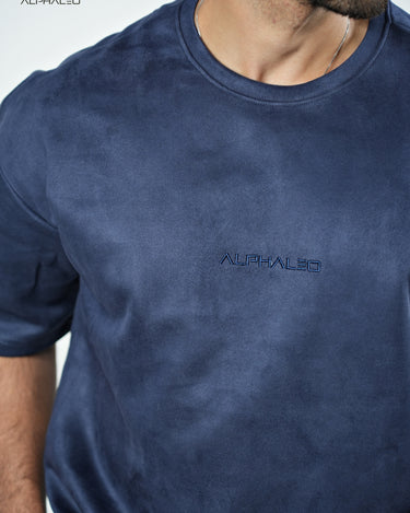 Suede Embroidered Oversize T-shirt in Navy Blue