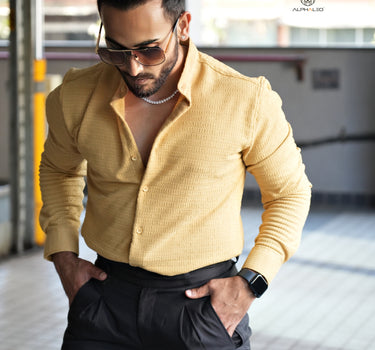 Nova Mandarin Collar Men's Designer Stretch Shirt Mustard