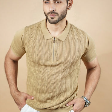 Venice Crochet Textured Zipper Polo in Beige color