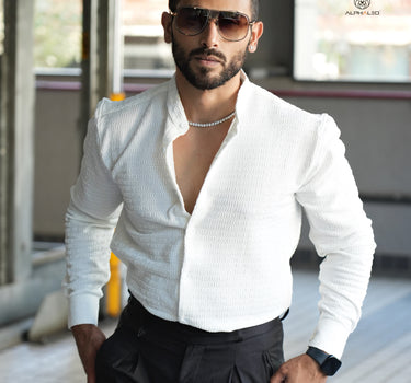 Nova Mandarin Collar Men's Designer Stretch Shirt Pearl White