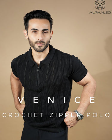 Venice Crochet Textured Zipper Polo in Black color