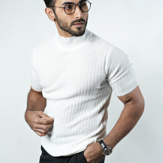 ZEN Textured Knitted Turtle Neck Half sleeve T-shirt in White color