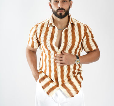 Bohemian Crochet striped Shirt Brown