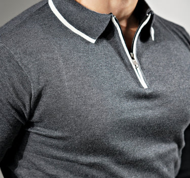 Signature Long Sleeves Zipper Knitted Polo T-shirt Dark Grey