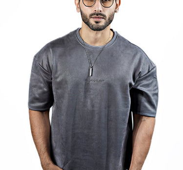 Suede Embroidered Oversized T-shirt Dark  Grey