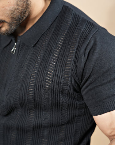 Venice Crochet Textured Zipper Polo in Black color