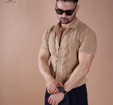 Monaco Textured Knitted Half sleeve Shirt Tan