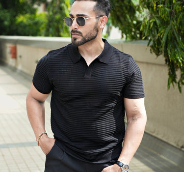 Marcelo Ribbed knitted Mesh Polo Black