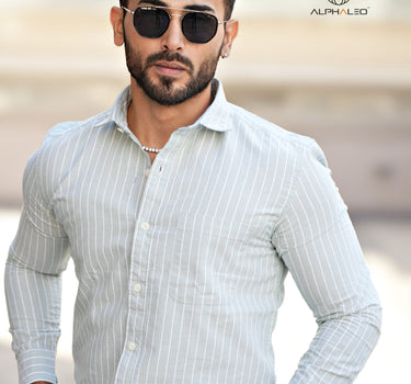 Oxford Light Green and White Striped Full Sleeve Single Cuff Tailored Fit Classic Formal Cotton Shirt