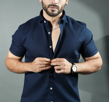 Signature Half Sleeves Stretch Shirt Navy Blue