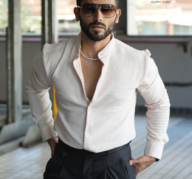 Nova Mandarin Collar Men's Designer Stretch Shirt Ivory