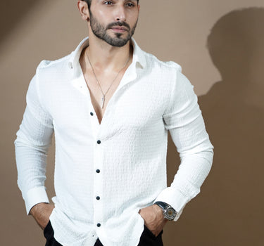 Causual body fit tapered white shirt with black trousers.