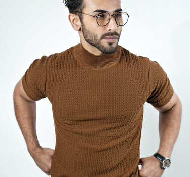 ZEN Knitted Turtle Neck Half Sleeves t-shirt in brown color.