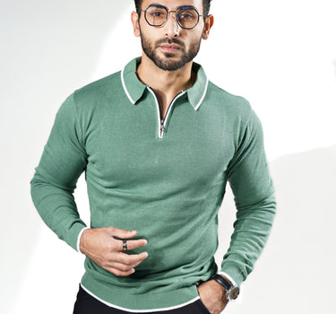 Signature Zipper knitted Long sleeves Polo Emarald Green