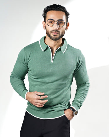 Signature Zipper knitted Long sleeves Polo Emarald Green