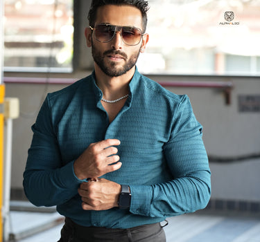 Nova Mandarin Collar Men's Designer Stretch Shirt Teal Blue