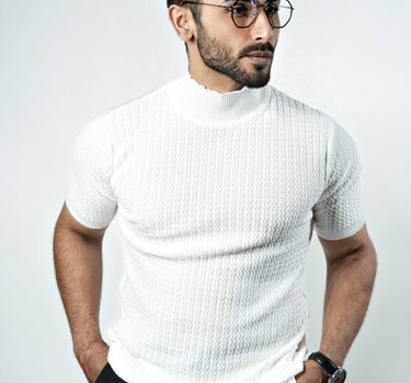 ZEN Textured Knitted Turtle Neck Half sleeve T-shirt in White color