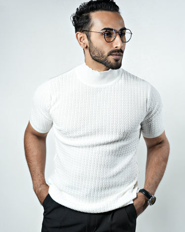 ZEN Textured Knitted Turtle Neck Half sleeve T-shirt in White color