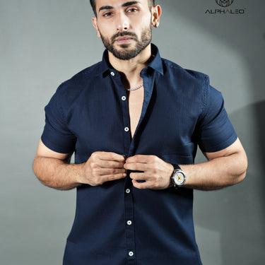 Signature Half Sleeves Stretch Shirt Navy Blue