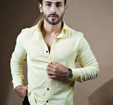 Causual body fit tapered lemon shirt with black trousers.