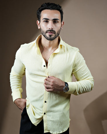 Causual body fit tapered lemon shirt with black trousers.