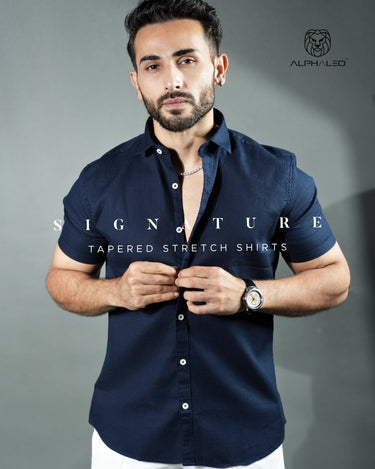 Signature Half Sleeves Stretch Shirt Navy Blue