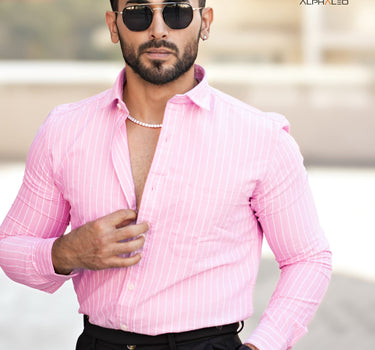 Oxford Baby Pink and White Striped Full Sleeve Single Cuff Tailored Fit Classic Formal Cotton Shirt
