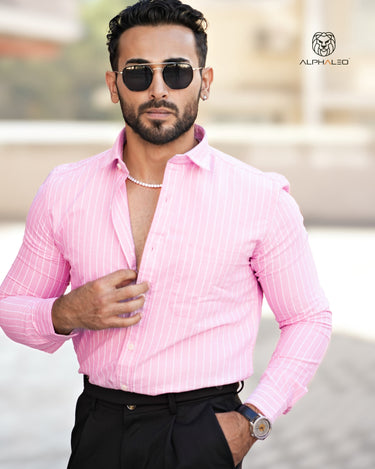 Oxford Baby Pink and White Striped Full Sleeve Single Cuff Tailored Fit Classic Formal Cotton Shirt
