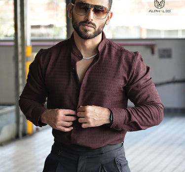 Nova Mandarin Collar Men's Designer Stretch Shirt Dark Brown