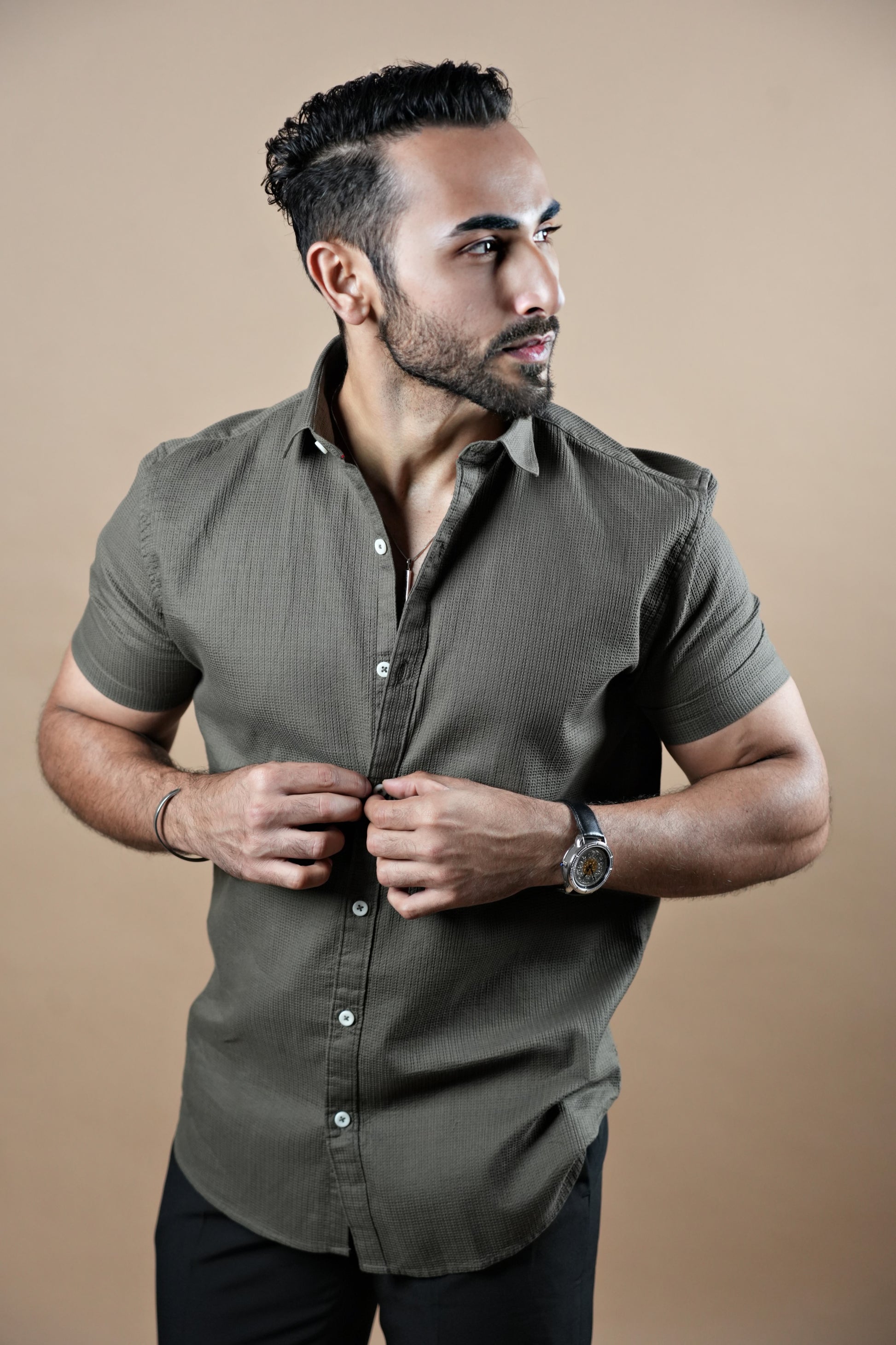 Half Sleeve Textured Stretch Shirt Olive green 