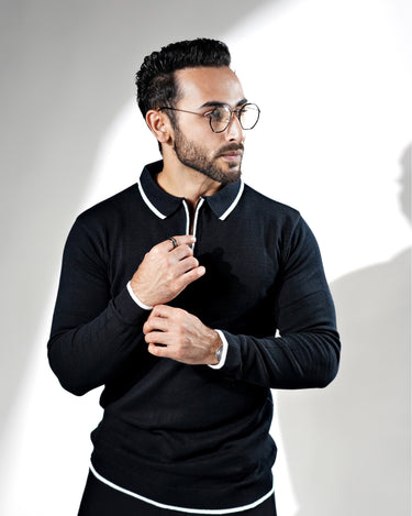 Signature Zipper knitted long sleeves Polo in Black color