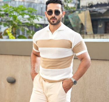 Baller Knitted Textured Polo White and beige