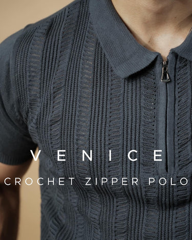 Venice Crochet Textured Zipper Polo in Dark Grey