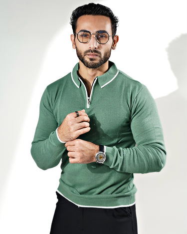 Signature Zipper knitted Long sleeves Polo in Emarald Green
