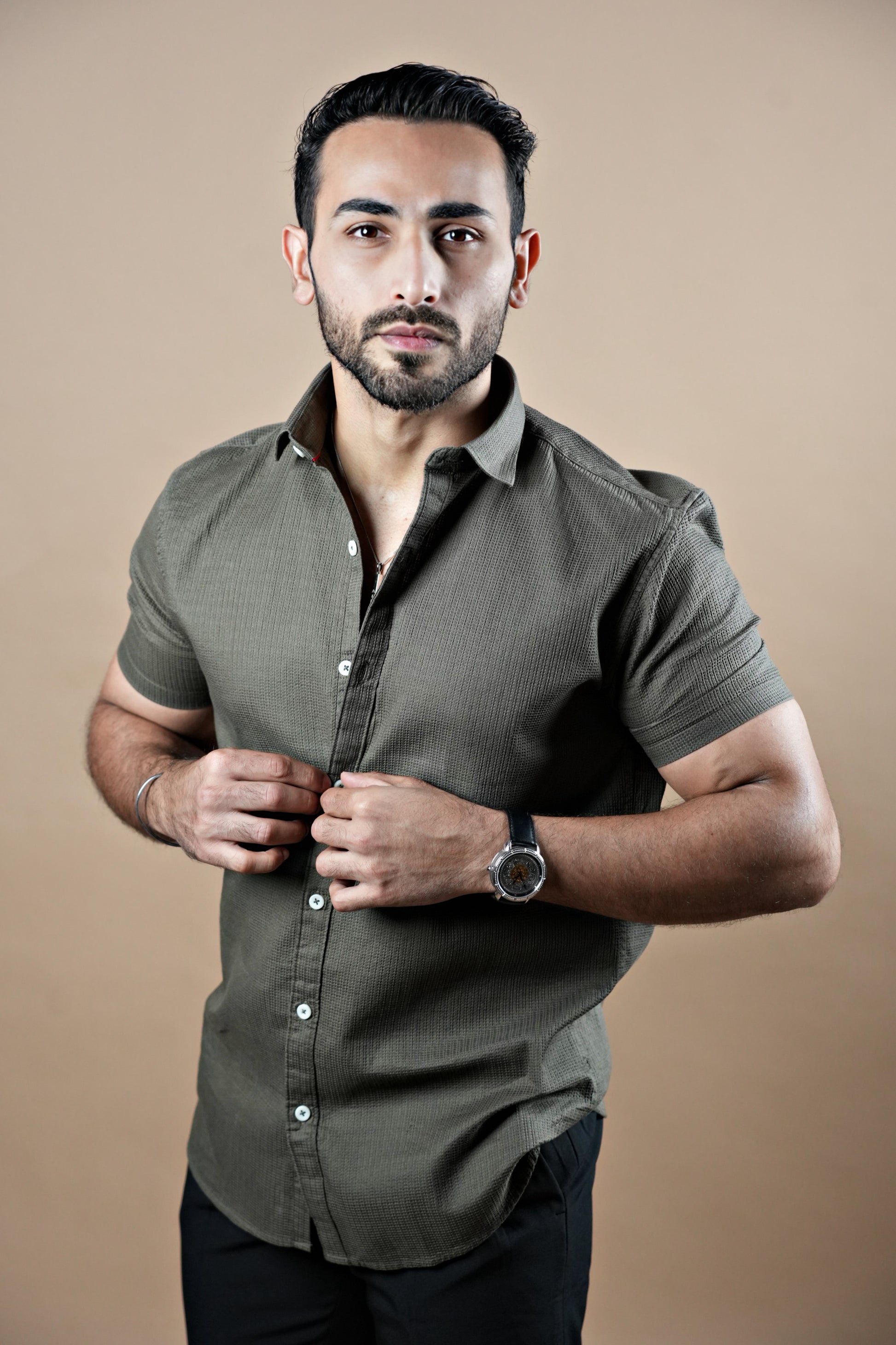 Half Sleeve Textured Stretch Shirt Olive green 